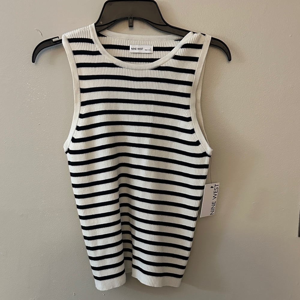 Nine West Black & White Striped Ribbed Tank Top